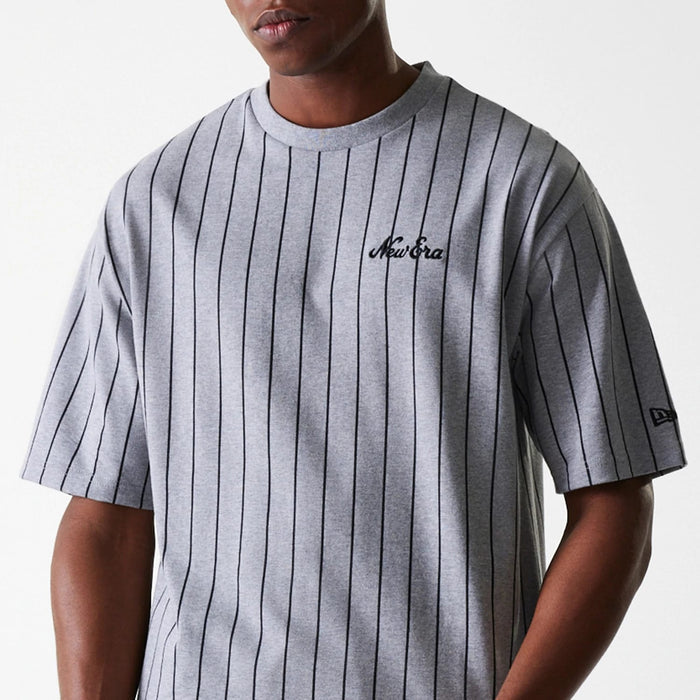 The Male model is wearing New Era Pinstripe Pastel Grey Oversized T-Shirt 3
