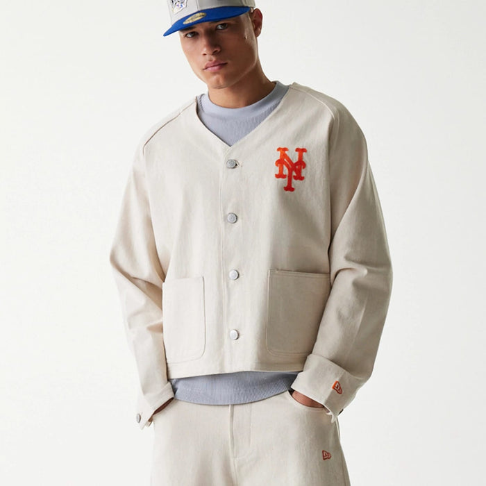 The Male model is wearing New York Mets MLB Cotton Open Cream Jacket 5