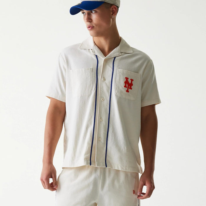 The Male model is wearing New York Mets MLB Piping Open Cream Short Sleeve Shirt 3