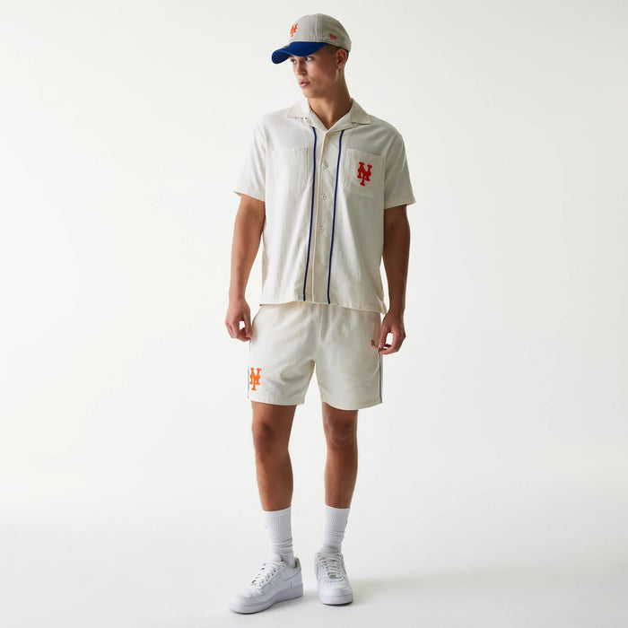 The Male model is wearing New York Mets MLB Piping Open Cream Short Sleeve Shirt 8