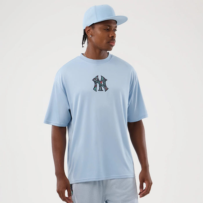 The Male model is wearing New York Yankees MLB Mesh Infill Pastel Blue Oversized T-Shirt 1