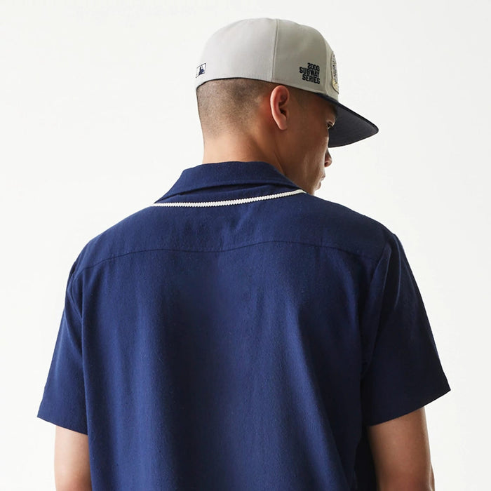 The Male model is wearing New York Yankees MLB Piping Navy Short Sleeve Shirt 7