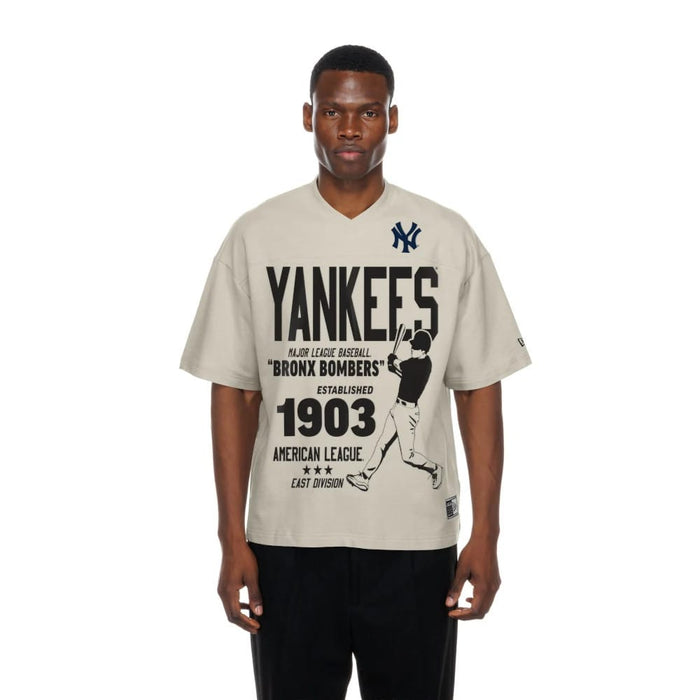 The Male model is wearing New York Yankees MLB Throwback Prep Light Beige T-Shirt 1