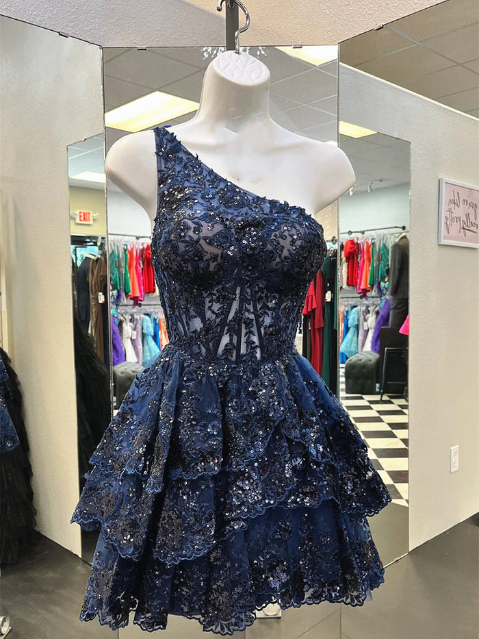 One Shoulder Short Navy Blue Lace Prom Dresses, One Shoulder Short Navy Blue Formal Homecoming Dresses