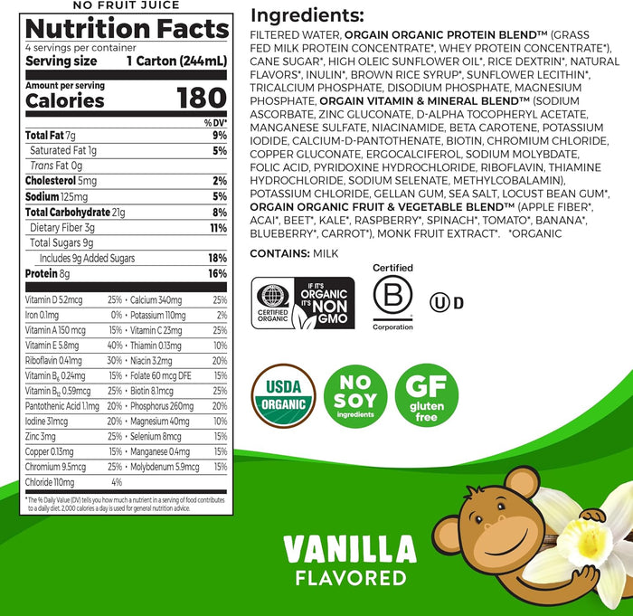 Orgain Organic Kids Nutritional Grass - Fed Protein Shake, Vanilla, Pack of 12 - 851770003100-Case - LL Medico