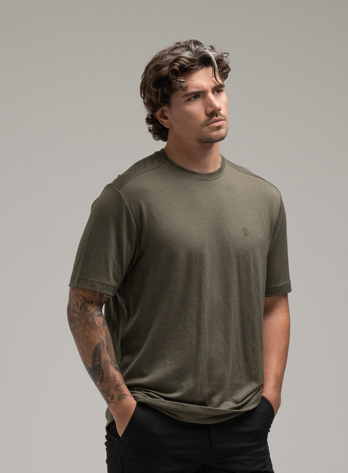 Jack Is 6ft 3" And Wears Size: L | Hem Studio Image Of Model Wearing Oryon 72Hr Merino T-Shirt In Green (SS Model)