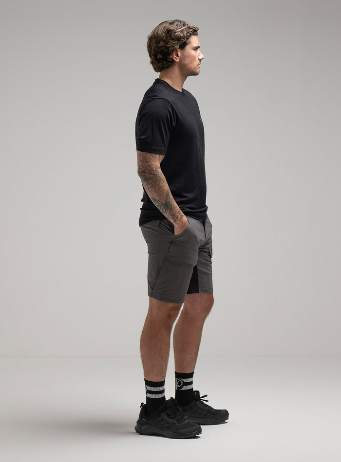 Jack Is 6ft 3" And Wears Size: L | Hem Studio Image Of Model Wearing Oryon 72Hr Merino T-Shirt In Obsidian Black (SS Model)