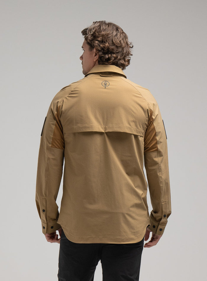 Jack Is 6ft 3" And Wears Size: L | Hem Studio Image Of Model Wearing Oryon Carbon Shirt In Sand (SS Model)