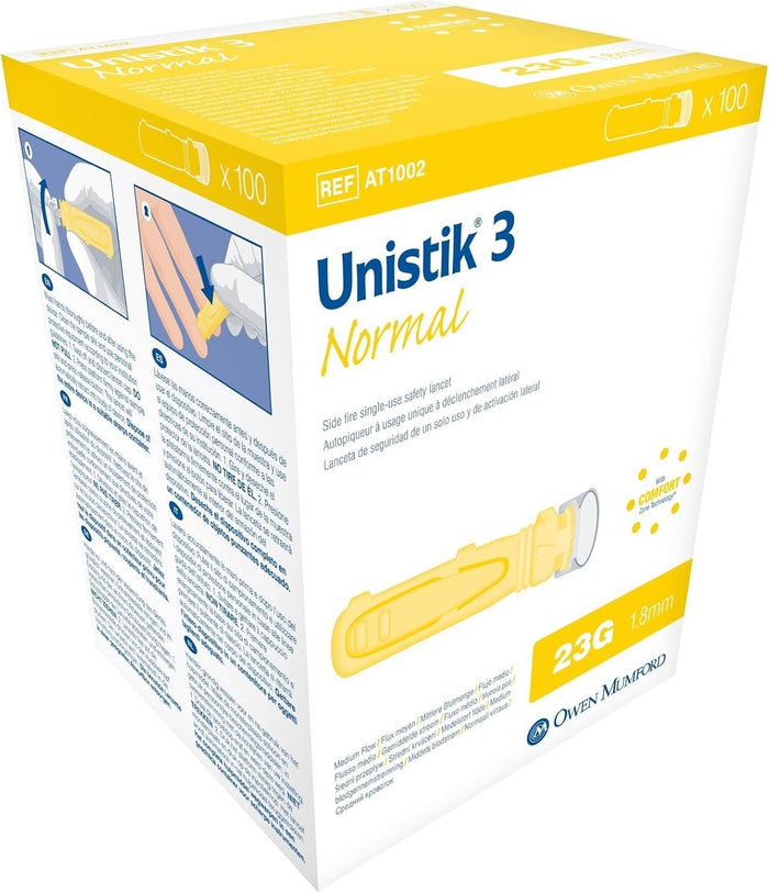 Owen Mumford Unistik 3 Safety Lancets, Normal, 23 Gauge - AT1002-Box - LL Medico