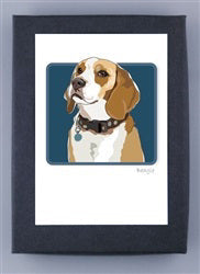 PAPER RUSSELLS BEAGLE NOTE CARDS by PAPER RUSSELLS feature a framed digital illustration of a brown and white beagle with a black collar on a blue background, ideal for eco-friendly stationery or recycled paper note cards.