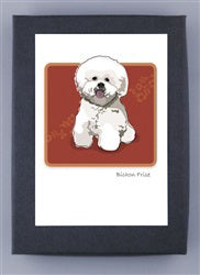 PAPER RUSSELLS - BICHON FRISE NOTE CARDS by PAPER RUSSELLS feature a fluffy white dog on a reddish-brown background, centered on a white card with a dark border. Made in the USA using recycled paper.