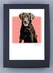 PAPER RUSSELLS - CHOCOLATE LABRADOR BOXED CARDS feature a digital illustration of a brown dog with a green collar on a pink background. Made in the USA, these recycled paper note cards are by PAPER RUSSELLS.