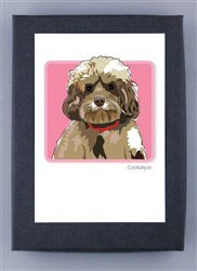 PAPER RUSSELLS - COCKAPOO BOXED CARDS feature a digital illustration of a curly-haired brown and cream dog with a red collar on pink, framed by a dark border—ideal for eco-friendly stationery lovers.