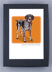 PAPER RUSSELLS - GERMAN SHORTHAIRED POINTER BOXED CARDS feature a brown and white spotted German Shorthaired Pointer on an orange background, with “German Shorthaired Pointer” below. Printed on FSC certified recycled paper.