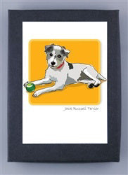 PAPER RUSSELLS - JACK RUSSELL TERRIER BOXED CARDS feature a Jack Russell Terrier with a red collar lying down, holding a green ball on a yellow background. The dog’s name appears below the image. Printed on FSC certified recycled paper by PAPER RUSSELLS.