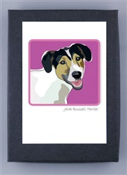 PAPER RUSSELLS - JACK RUSSELL TERRIER BOXED CARDS feature a stylized black and white Jack Russell with tan markings on a pink background, printed on FSC certified recycled paper and proudly made in the USA.