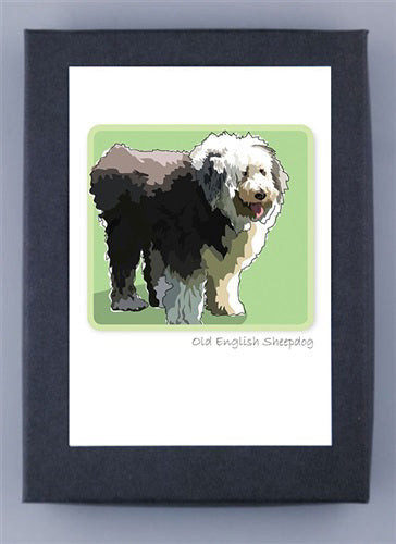 Illustration of a fluffy gray, black, and white Old English Sheepdog standing on grass with a light green background, framed in black. PAPER RUSSELLS - OLD ENGLISH SHEEPDOG NOTECARDS are ideal for handmade or premium recycled greeting cards.
