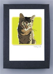 PAPER RUSSELLS - TABBY CAT BOXED CARDS feature a tabby cat with green eyes on a yellow-green background, bordered in white. Printed on recycled paper and made in the USA by PAPER RUSSELLS.