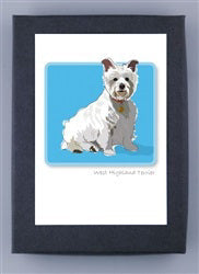 PAPER RUSSELLS - WEST HIGHLAND TERRIER BOXED CARDS feature a white Westie on a blue background, framed in white and dark borders. Printed on recycled paper note cards and made in the USA by PAPER RUSSELLS.