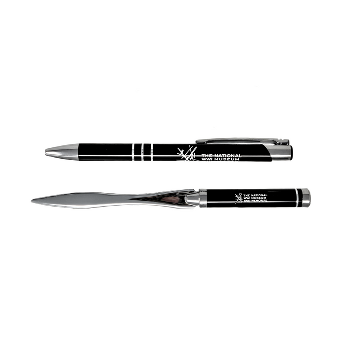 Image that displays a black and silver pen next to a black and silver letter opener. On both item is the logo for the National WWI Museum and Memorial.