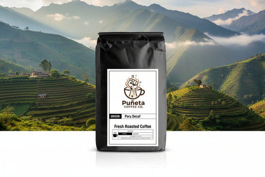 Black coffee bag with Puñeta Coffee Co. label