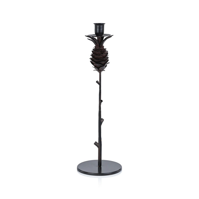 The ZODAX PINECONE WROUGHT IRON CANDLE HOLDER - TALL is a black candle holder with a pinecone design, slender branch-like stem, and round base.