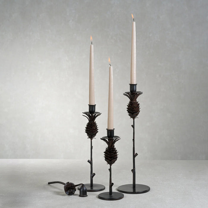 The ZODAX PINECONE WROUGHT IRON CANDLE HOLDER - TALL is a black candle holder with a pinecone design, slender branch-like stem, and round base.