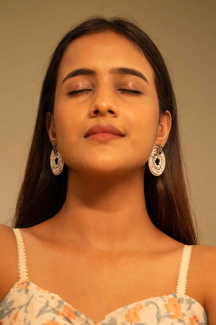 Qurbat Concentric Pearl Kundan Flower Motif Statement Stud Earrings