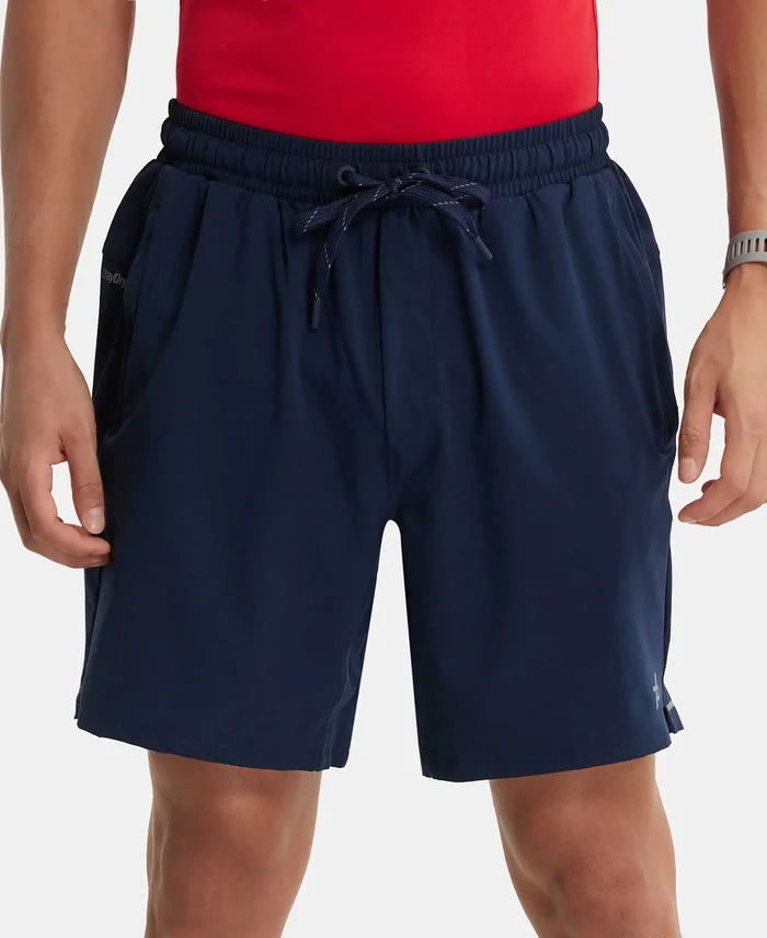 Recycled Microfiber Elastane Stretch Solid Shorts with Zipper Pockets and StayFresh Treatment - Navy-1
