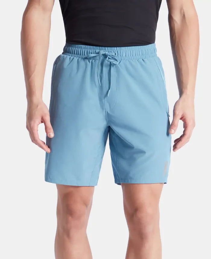 Recycled Microfiber Elastane Stretch Solid Shorts with Zipper Pockets and StayFresh Treatment - Provincial Blue