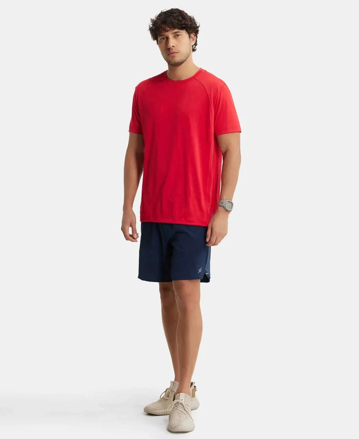 Recycled Microfiber Elastane Stretch Solid Shorts with Zipper Pockets and StayFresh Treatment - Navy-4
