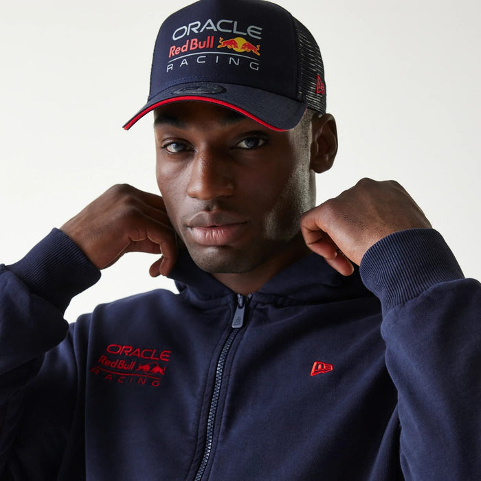 The Male model is wearing Red Bull Racing Dark Blue Oversized Full Zip Hoodie 3