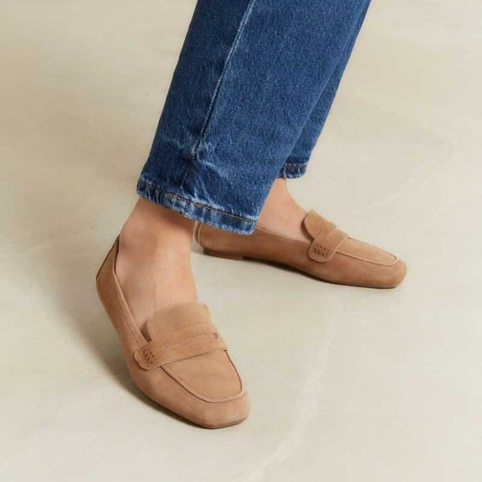 Top view of the REQINS - HEMA suede loafer in natural, featuring stitching details and a subtle branded leather insole, highlighting REQINS' craftsmanship against a plain white background.