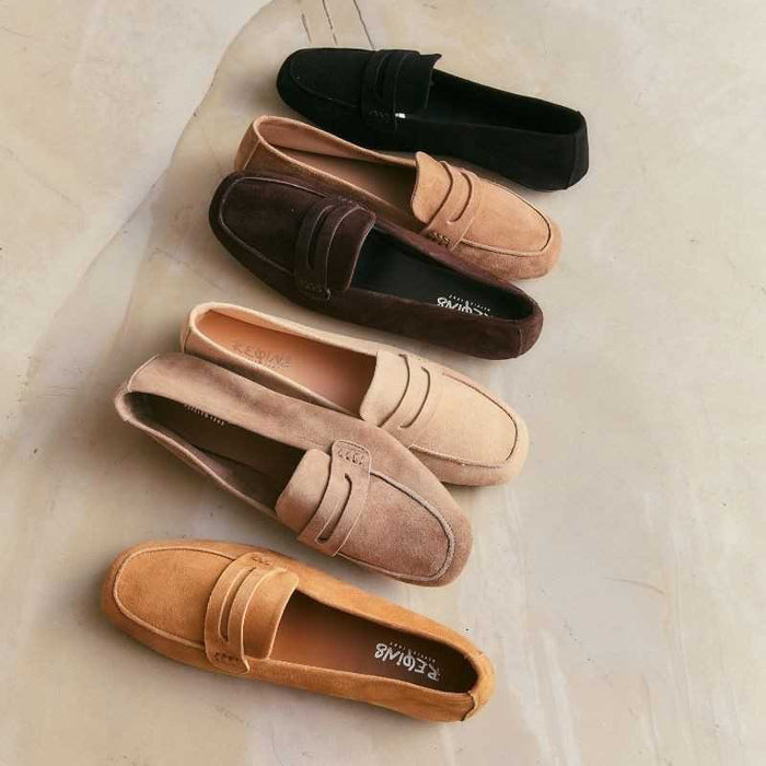 Top view of the REQINS - HEMA suede loafer in natural, featuring stitching details and a subtle branded leather insole, highlighting REQINS' craftsmanship against a plain white background.