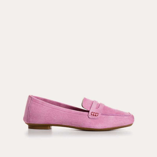 Top view of the REQINS - HEMA SUEDE LOAFER IN PINK by REQINS, featuring a square toe, decorative strap, and leather insole, displayed on a light background.