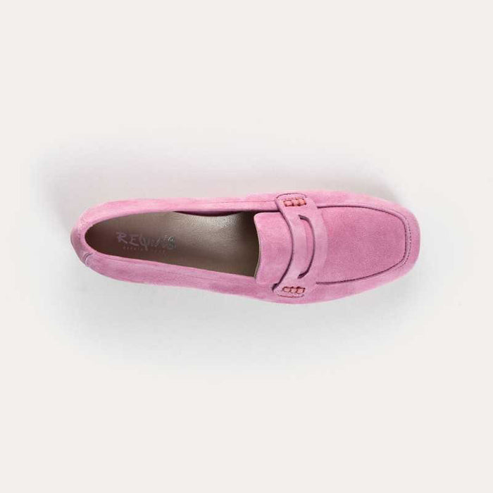 Top view of the REQINS - HEMA SUEDE LOAFER IN PINK by REQINS, featuring a square toe, decorative strap, and leather insole, displayed on a light background.