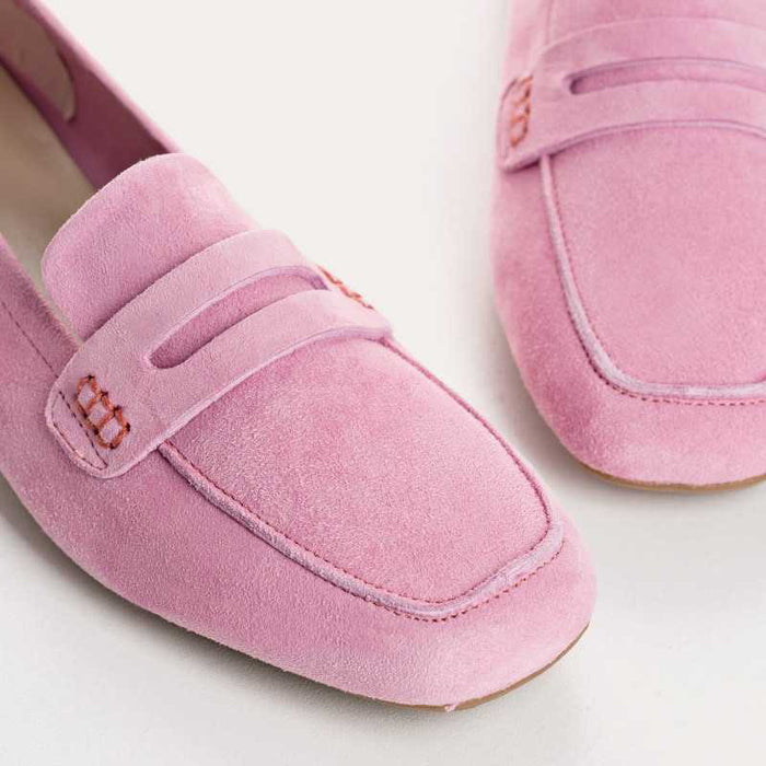 Top view of the REQINS - HEMA SUEDE LOAFER IN PINK by REQINS, featuring a square toe, decorative strap, and leather insole, displayed on a light background.