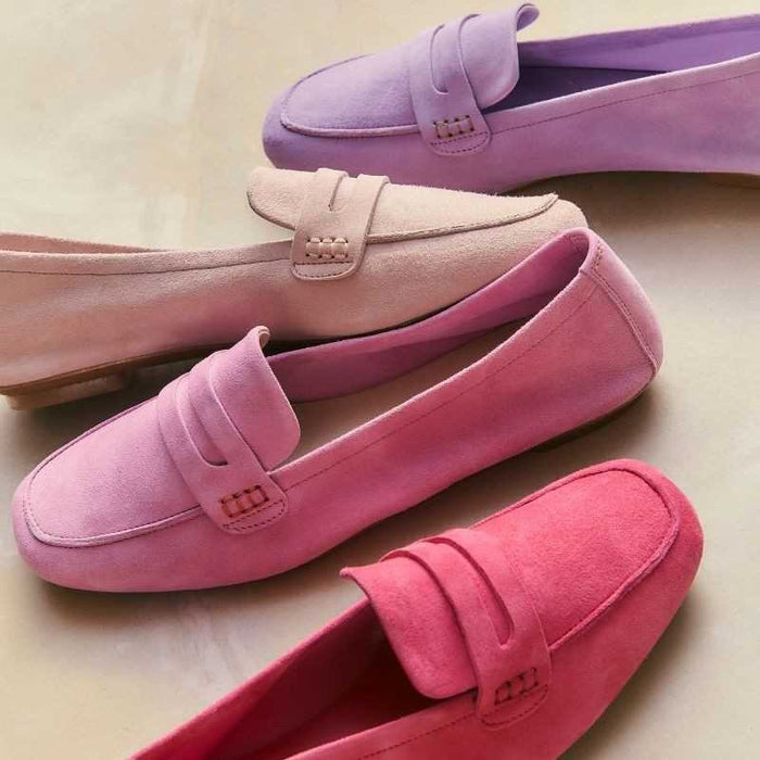 Top view of the REQINS - HEMA SUEDE LOAFER IN PINK by REQINS, featuring a square toe, decorative strap, and leather insole, displayed on a light background.