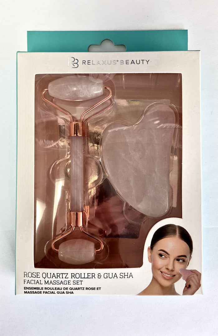 Rose Quartz Roller & Gua Sha Facial Massage Set in packaging with a woman's face on a white background