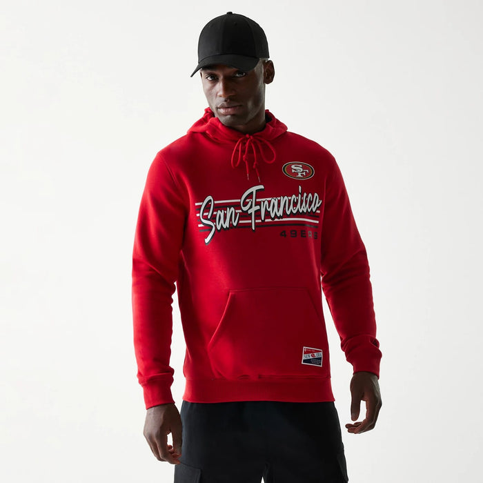The Male model is wearing San Francisco 49ers NFL Throwback Red Pullover Hoodie 1