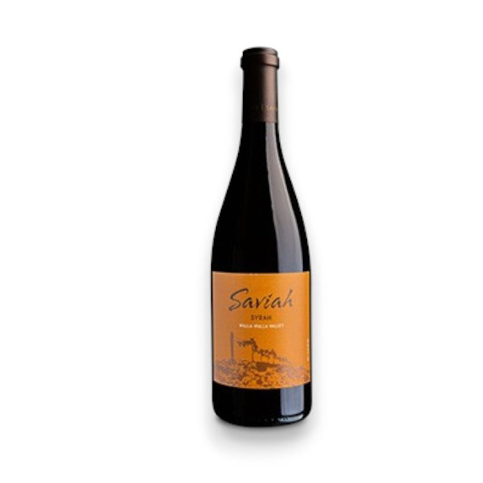 A bottle of SAVIAH SYRAH 2021/2022 from OCEAN SOUTH IMPORTS features an orange label with "Walla Walla Valley," hinting at dark wild berry flavors, on a plain white background.