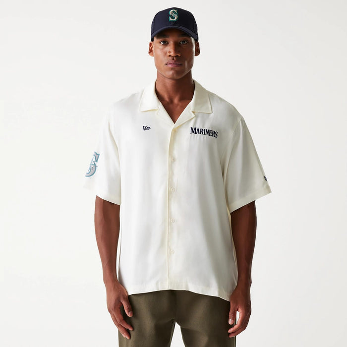 The Male model is wearing Seattle Mariners MLB Graphic Open White Revere Short Sleeve Shirt 1