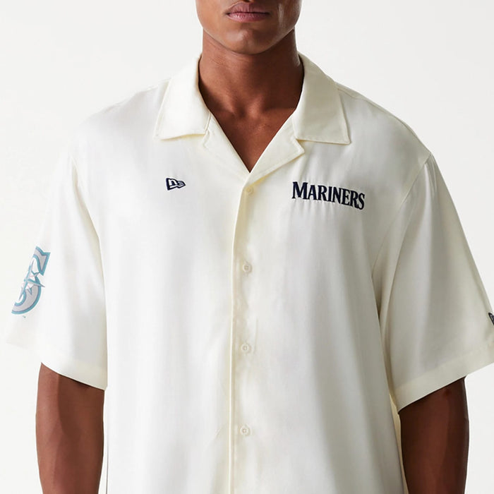 The Male model is wearing Seattle Mariners MLB Graphic Open White Revere Short Sleeve Shirt 3