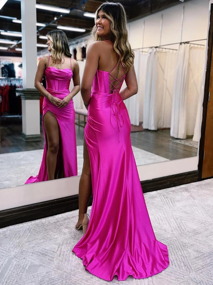 Spaghetti Straps Red Blue Black Pink Mermaid Long Prom Dresses, Mermaid Satin Long Formal Evening Dresses