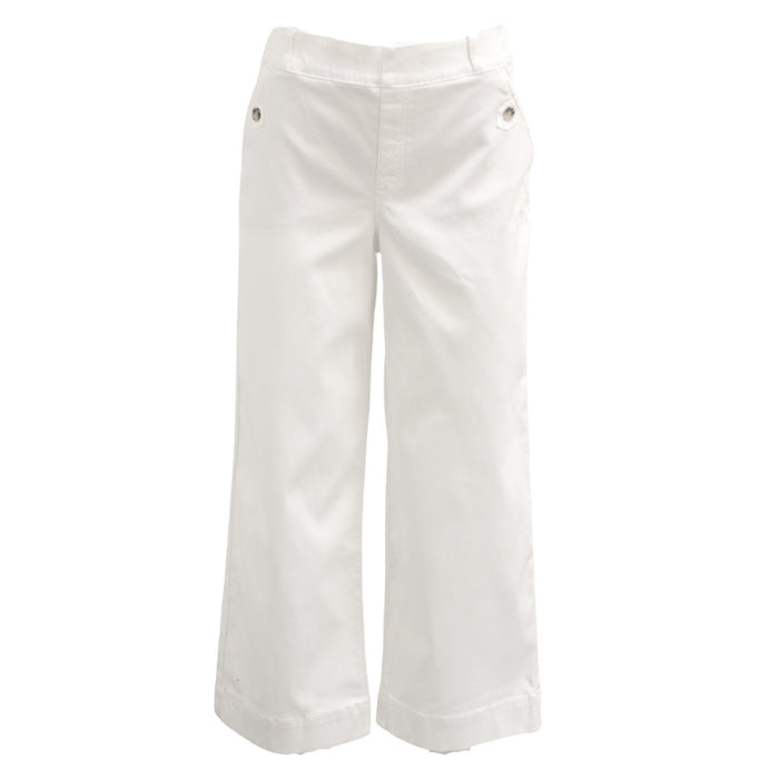 A mannequin wears the SPANX STRETCH TWILL CROPPED PANT—high-waisted, white, straight-leg pull-on style with side flap pocket and button, featuring hidden tummy shaping—shown in profile on a plain white background.