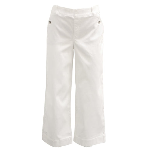 A mannequin wears the SPANX STRETCH TWILL CROPPED PANT—high-waisted, white, straight-leg pull-on style with side flap pocket and button, featuring hidden tummy shaping—shown in profile on a plain white background.