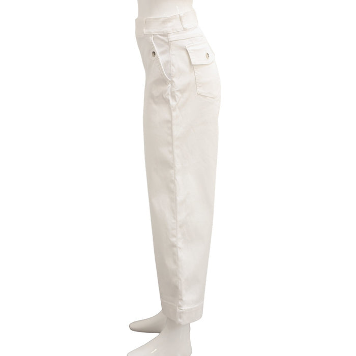 A mannequin wears the SPANX STRETCH TWILL CROPPED PANT—high-waisted, white, straight-leg pull-on style with side flap pocket and button, featuring hidden tummy shaping—shown in profile on a plain white background.