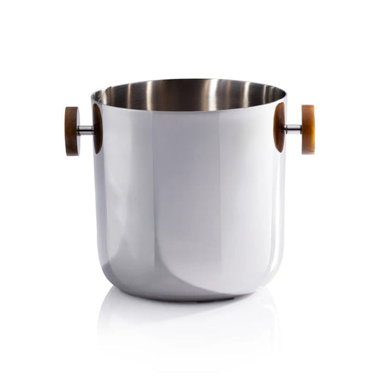 The ZODAX SPIGA ICE BUCKET - AMBER ACCENTS, featuring gleaming stainless steel with wooden side handles, adds a touch of style to your home decor.