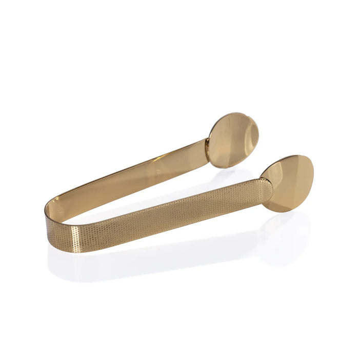 The ZODAX SPIGA TEXTURED ICE TONGS, crafted from gold alloy with a textured grip and smooth, round flat ends, measure 7 inches for a comfortable, secure hold. Shown on a white background.