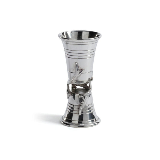 The ZODAX ST. ANTON PEWTER JIGGER is a silver metal jigger with a flared hourglass shape, featuring a sculpted branch and leaf detail around the center. Dimensions: 2 in x 4.25 in.